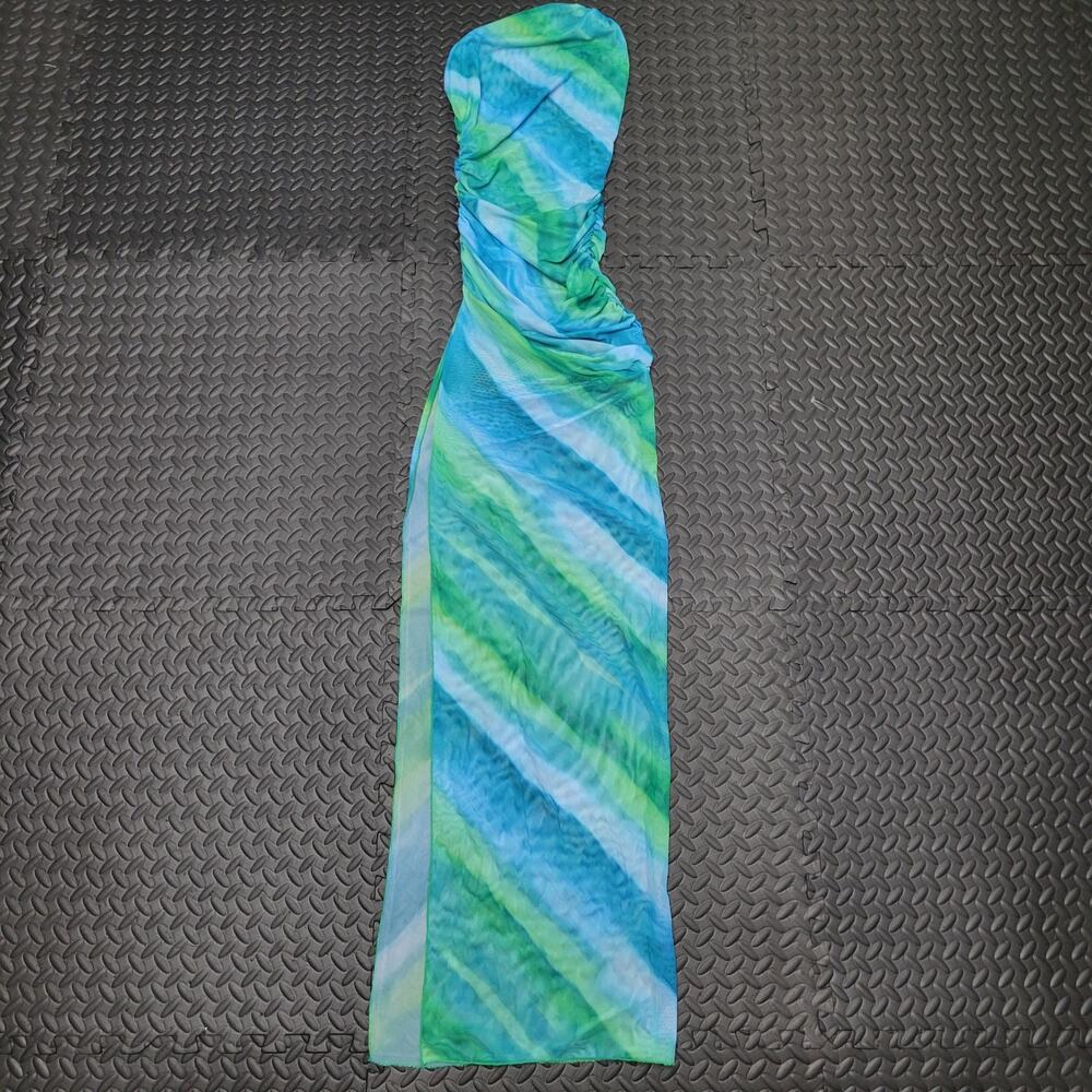 PrettyLittleThing Blue Green Mesh One Shoulder Ruched Maxi Dress US 4 Vacation - Picture 5 of 7